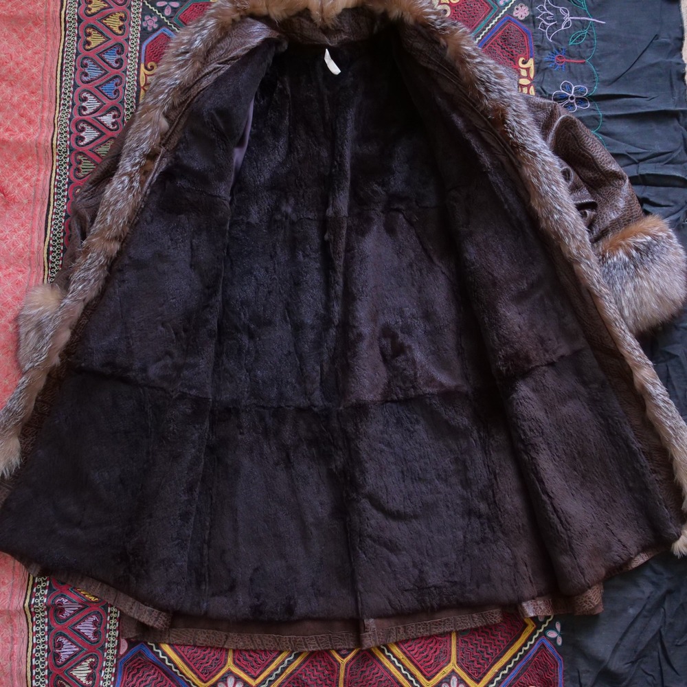 AMAZING vintage 80s brown leather fox fur trimmed long coat shaved beaver lining - Picture 4 of 11